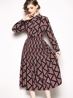 Lapel Long Sleeve Geometric Print A Line Dress