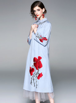 Blue Mandarin Collar Mesh Stitching Cotton-linen Dress 