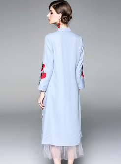 Blue Mandarin Collar Mesh Stitching Cotton-linen Dress 