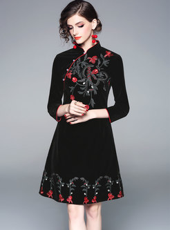 Vintage Black Mandarin Collar Embroidered Skater Dress
