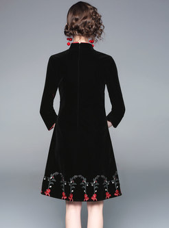 Vintage Black Mandarin Collar Embroidered Skater Dress