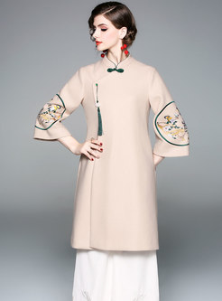 Camel Mandarin Collar Flare Sleeve Midi Dress 