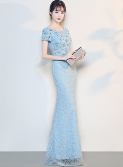 Elegant Lace Beaded Slim Mermaid Evening Dress