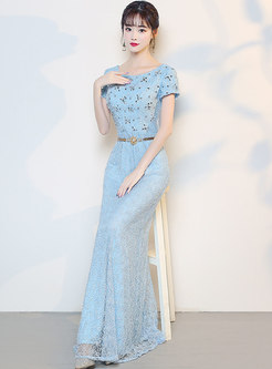 Elegant Lace Beaded Slim Mermaid Evening Dress