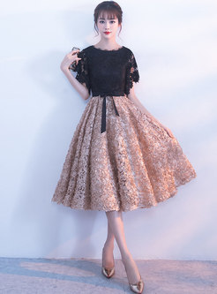 Color-blocked Bowknot Lace Short Party Dress