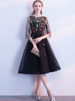 Black Mesh Splicing Embroidered Bowknot Party Dress
