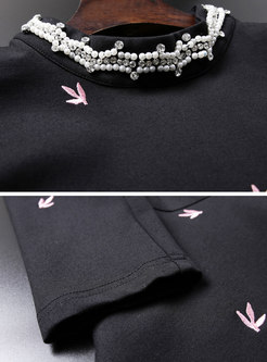 Fashion Black Crew-neck Beaded Embroidery A Line Dress