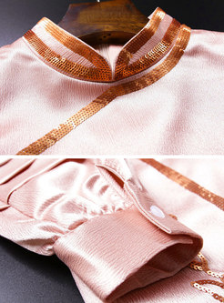 Pink Mandarin Collar Lantern Sleeve Sequin A Line Dress