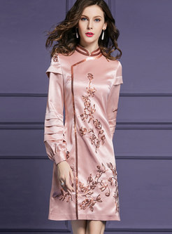 Pink Mandarin Collar Lantern Sleeve Sequin A Line Dress