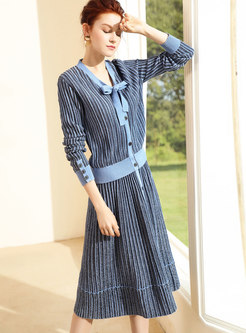 Stylish Tie-neck Bowknot Top & High-rise Striped Knitted Skirt