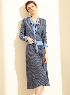 Stylish Tie-neck Bowknot Top & High-rise Striped Knitted Skirt
