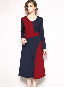 Color-blocked O-neck Long Sleeve A Line Dress