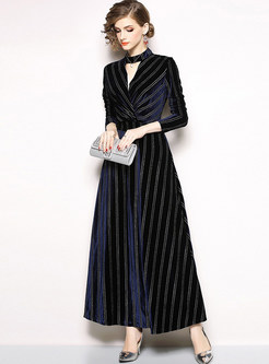 Fashion Striped V-neck Long Sleeve Slim Maxi Dress