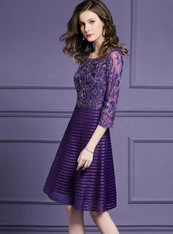 Purple Stitching O-neck Three Quarters Sleeve Dress
