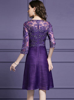 Purple Stitching O-neck Three Quarters Sleeve Dress