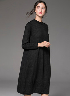 O-neck Long Sleeve Loose Knee-length Knitted Dress