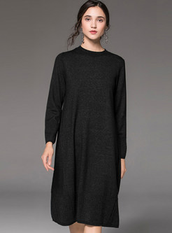 O-neck Long Sleeve Loose Knee-length Knitted Dress