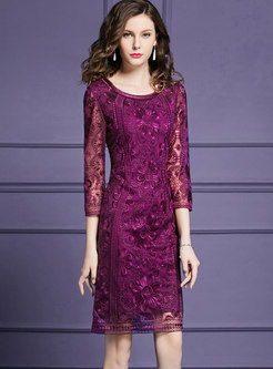 Winter Purple Crew-neck Embroidered Lace Hollow Out Dress