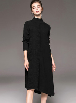 Casual Loose Long Sleeve Asymmetric Slit Knitted Dress