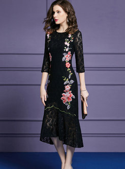 Winter Three Quarters Sleeve Lace Patchwork High-low Dress