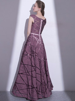 Elegant Print O-neck Sleeveless Hem Prom Dress