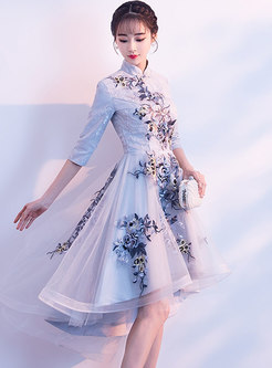 Mesh Splicing Mandarin Collar Embroidered Asymmetric Party Dress