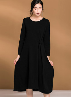 Brief Solid Color O-neck Long Sleeve Loose Dress