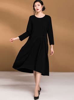Brief Solid Color O-neck Long Sleeve Loose Dress