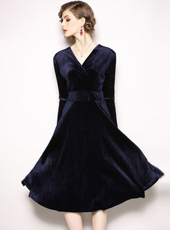 Brief Solid Color V-neck High Waist A Line Dress