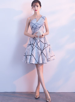 Elegant Print Sleeveless Waist Short Prom Dress