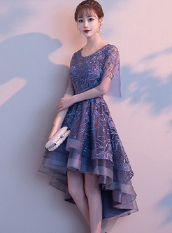 Elegant Party V-neck Slim Asymmetric Embroidered Dress