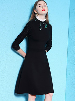 Pleated Standing Collar Easy-matching Knitted Dress