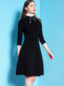 Pleated Standing Collar Easy-matching Knitted Dress
