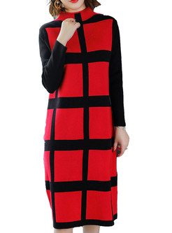Autumn Stand Collar Long Sleeve Plaid Knitted Dress