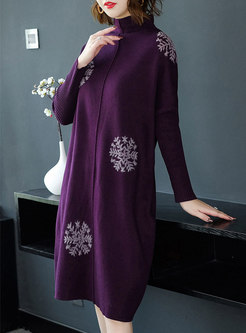 Elegant Purple Stand Collar Stitching Loose Knitted Dress