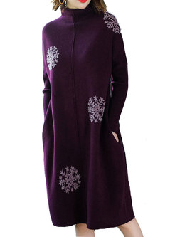 Elegant Purple Stand Collar Stitching Loose Knitted Dress