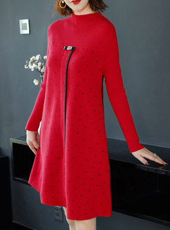 Winter Red Crew-neck Long Sleeve Knitted Dress