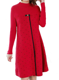 Winter Red Crew-neck Long Sleeve Knitted Dress