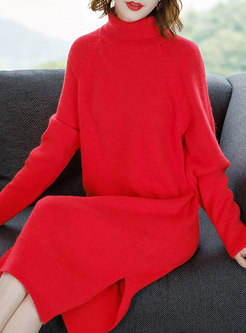 Trendy High Neck Solid Color Loose Knitted Dress