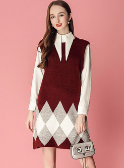 Solid Color Lapel Single-breasted Blouse & Plaid Sleeveless Knitted Dress