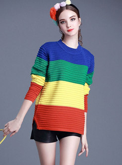 Fashion Contrast Color O-neck Loose Sweater