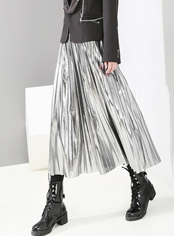 Solid Color Elastic High Waist Pleated Skirt