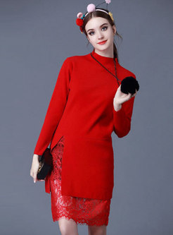 Chic Lace Splicing High Neck Slim Knitted Dress