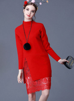 Chic Lace Splicing High Neck Slim Knitted Dress