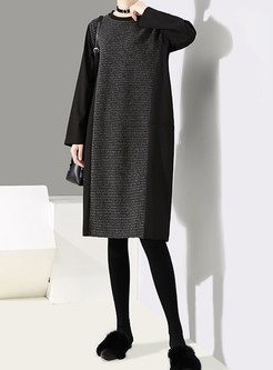 Color-blocked O-neck Splicing Knitted Loose Dress