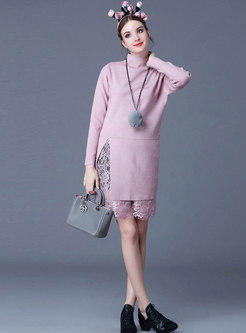 Pink Lace Splicing High Neck Slim Knitted Dress