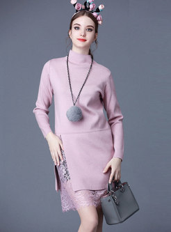 Pink Lace Splicing High Neck Slim Knitted Dress