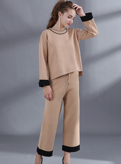Casual Color-blocked O-neck Loose Sweater & Tied-waist Knitted Wide Leg Pants