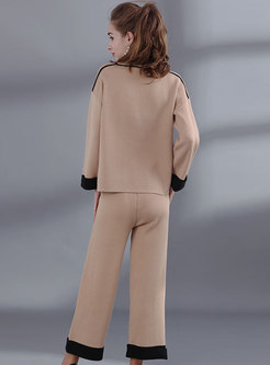 Casual Color-blocked O-neck Loose Sweater & Tied-waist Knitted Wide Leg Pants