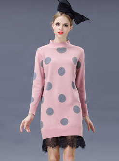 Stylish Splicing Polka Dot High Neck Knitted Dress